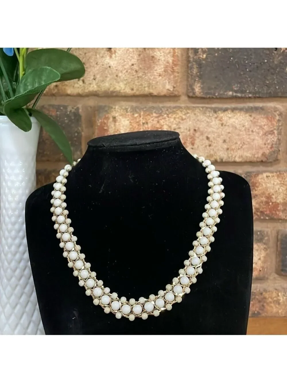 Korea Vintage 5 strand woven gold tone collar chain with white beads